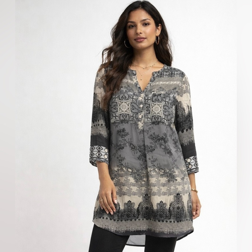 Anthropologie’s Fig and Flower Gray, Black on Cream Patterned Tunic